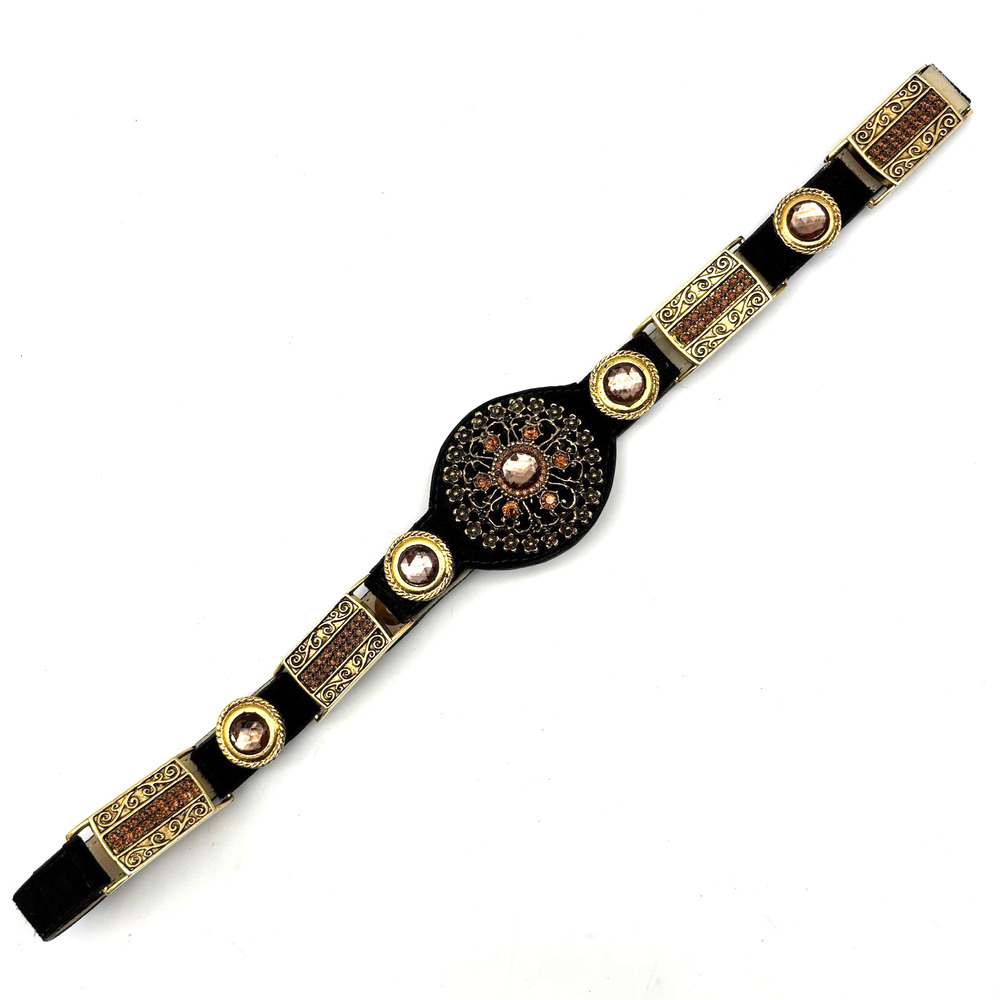 Vintage 80s Ames 9845 Black Suede Gold Medallion Rhinestone Waist Belt L 34"